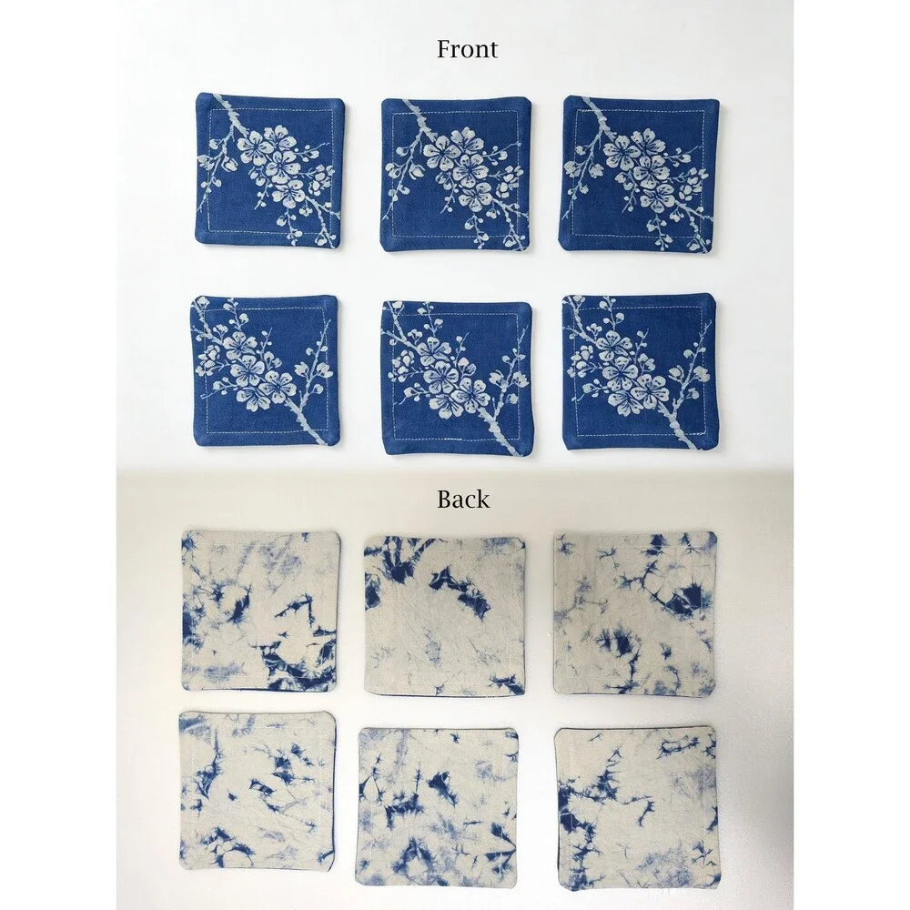 Handmade Indigo Batik Table Linen Set– Plum Blossom Runner, Placemats & Coasters